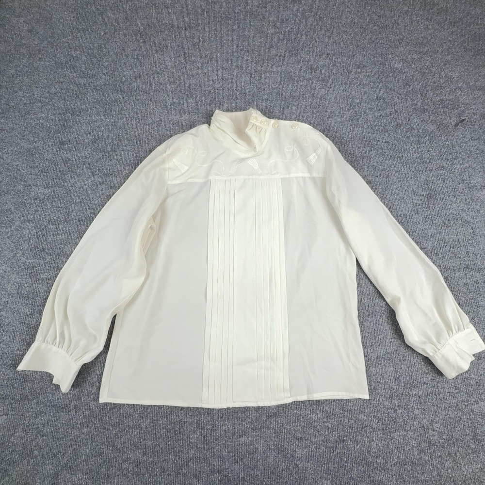 Vintage Chaus Blouse Womens 12 White Mock Neck Long Sleeve Embroidered Pleated